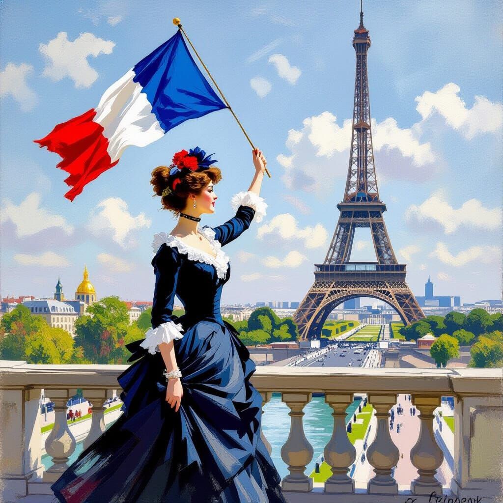 French Woman Celebrates Bastille Day: Impressionist Style