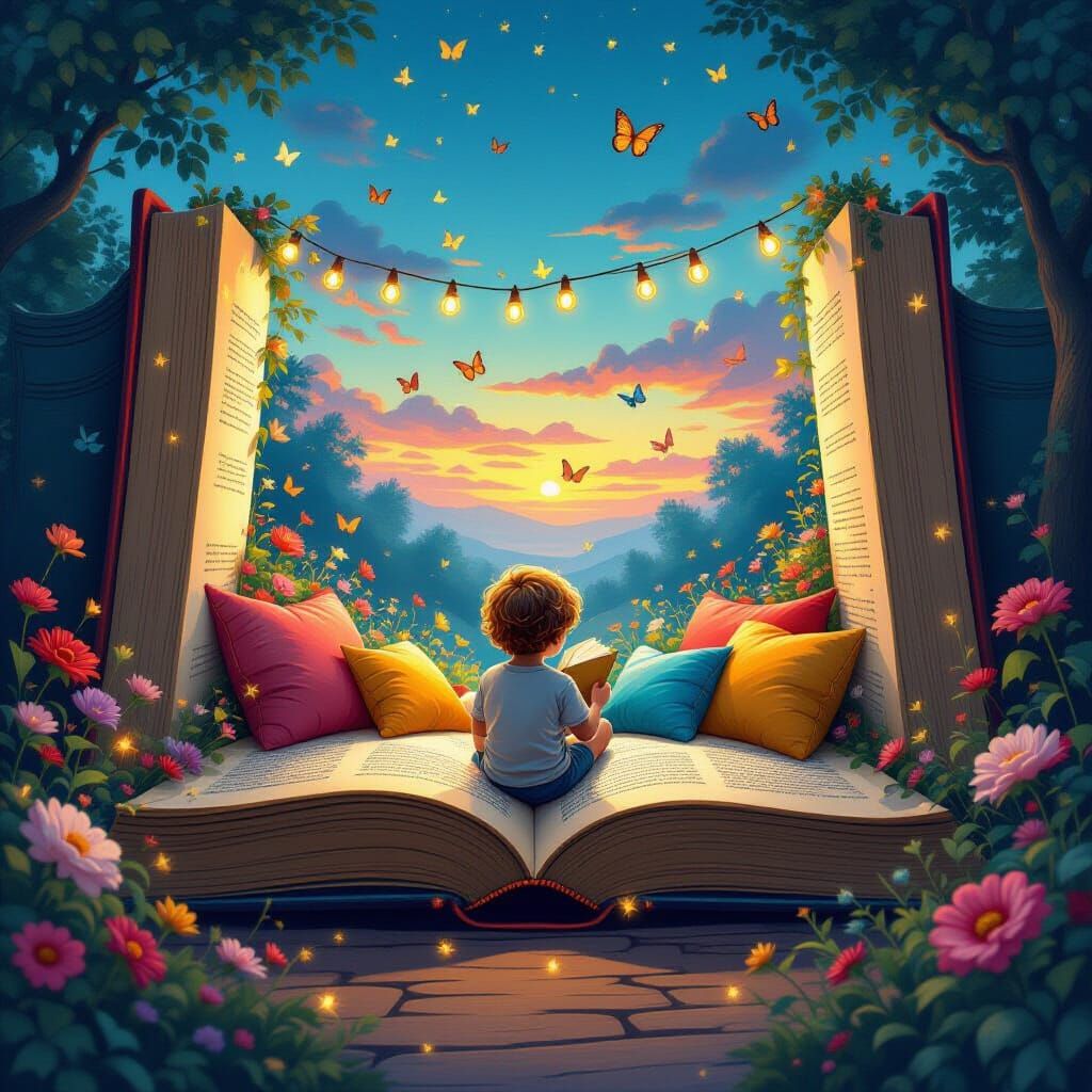 Fantasy Reading Nook in Giant Book, Detailed Illustration