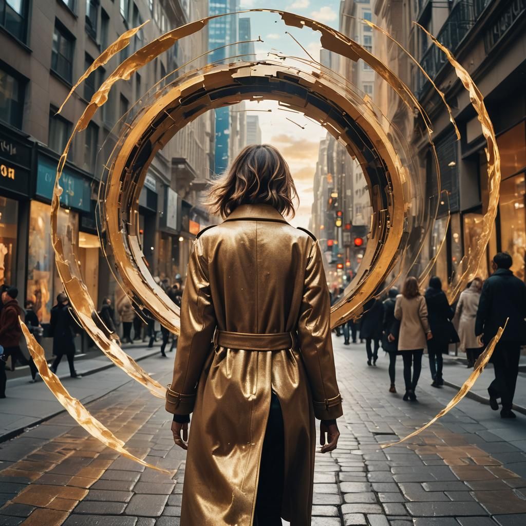 Surreal Woman Steps from Dream into City