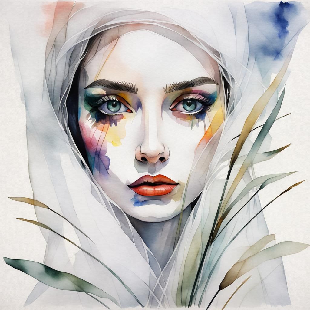 Pale Girl in Tulle: Minimalist Watercolor Portrait