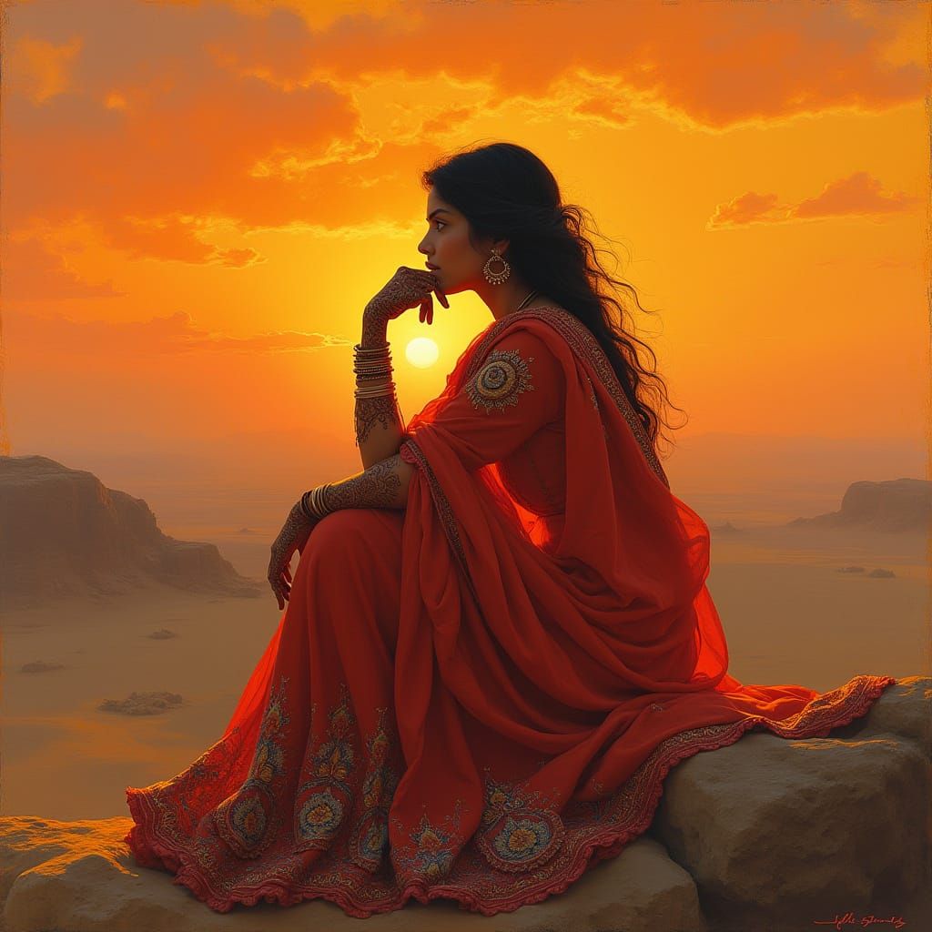 Indian Woman in Sunset Serenity