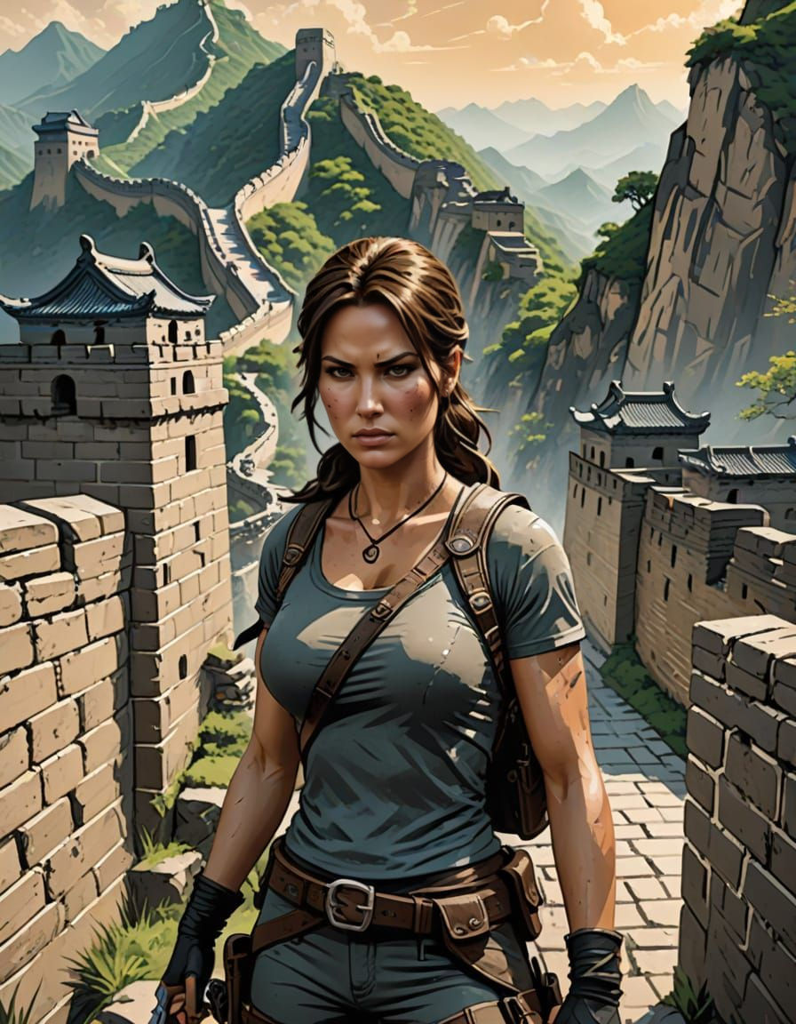 Lara Croft at the Great Wall in Comic Book Style