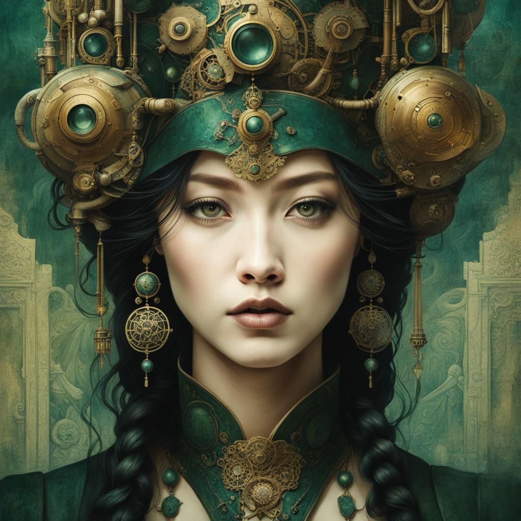 Gothic Steampunk Woman in Chinese City: Gouache Watercolor