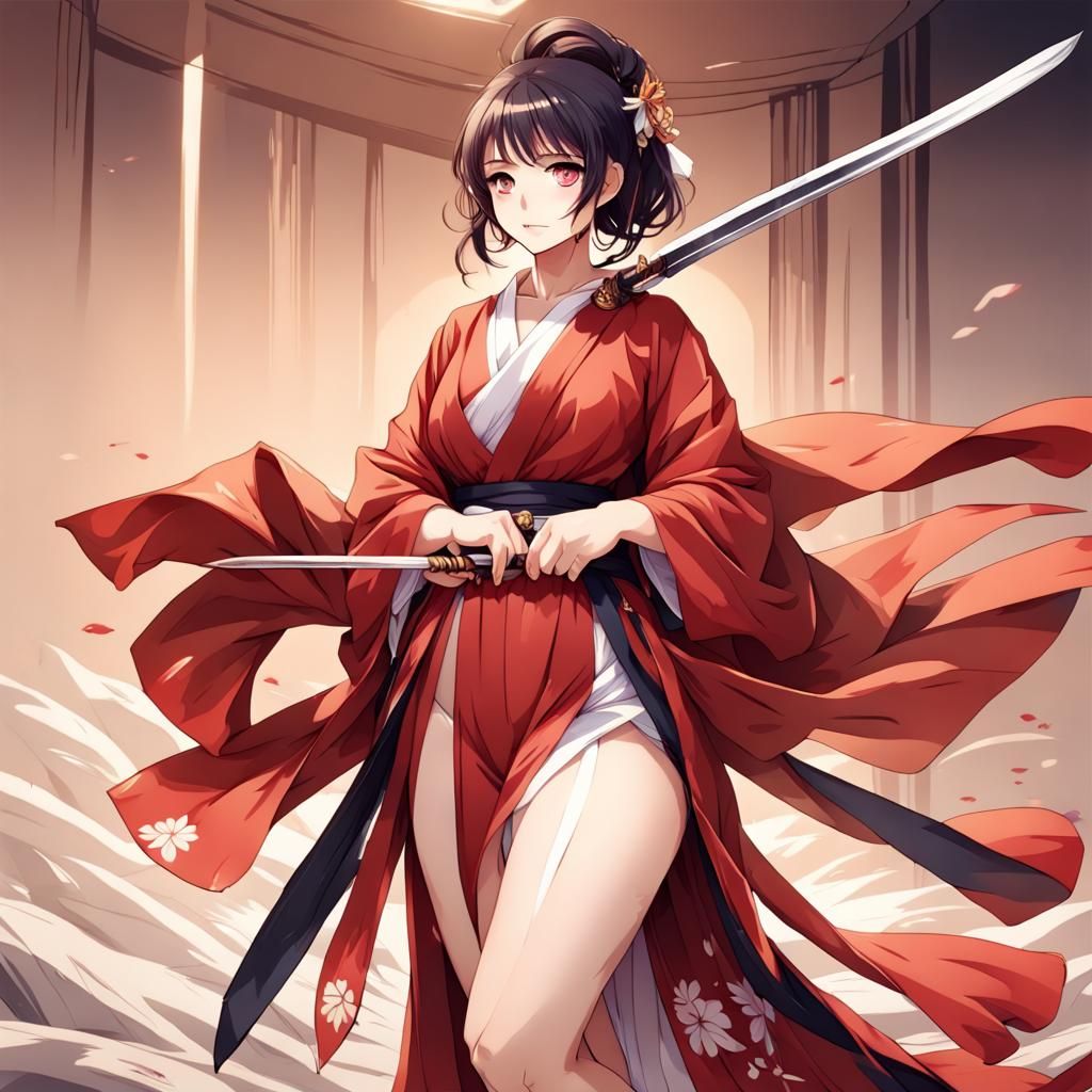 Anime Woman with Swords in Kimono Outfit