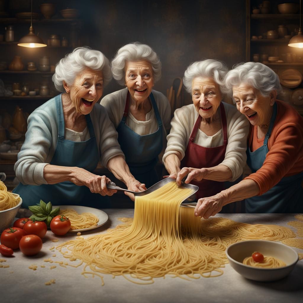 Four elderly women make pasta at home They have fun. On the ...