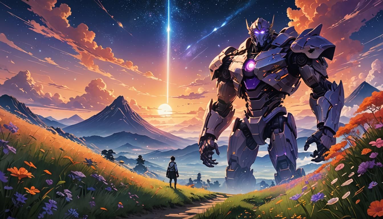 Ethereal Titan in Anime Landscape at Twilight