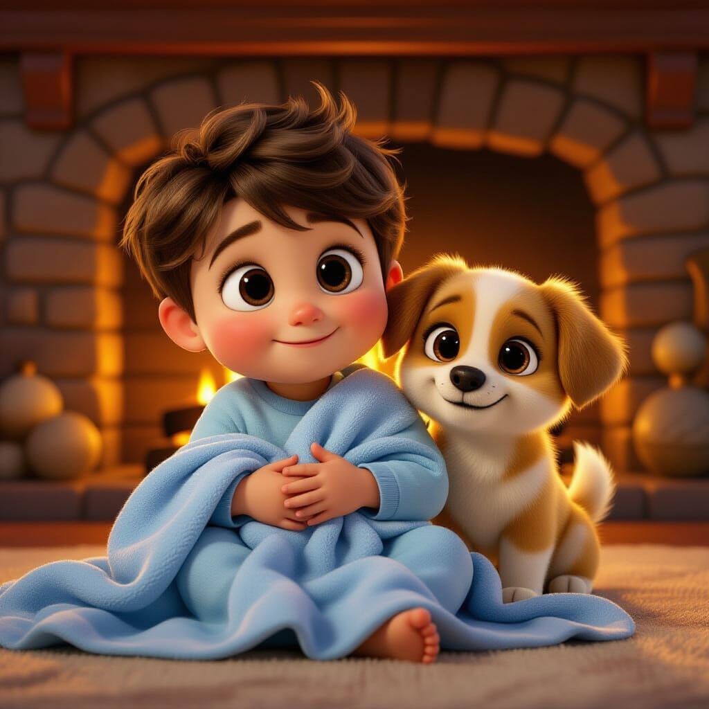 Boy and Puppy by Fireplace in Pixar 3D Style