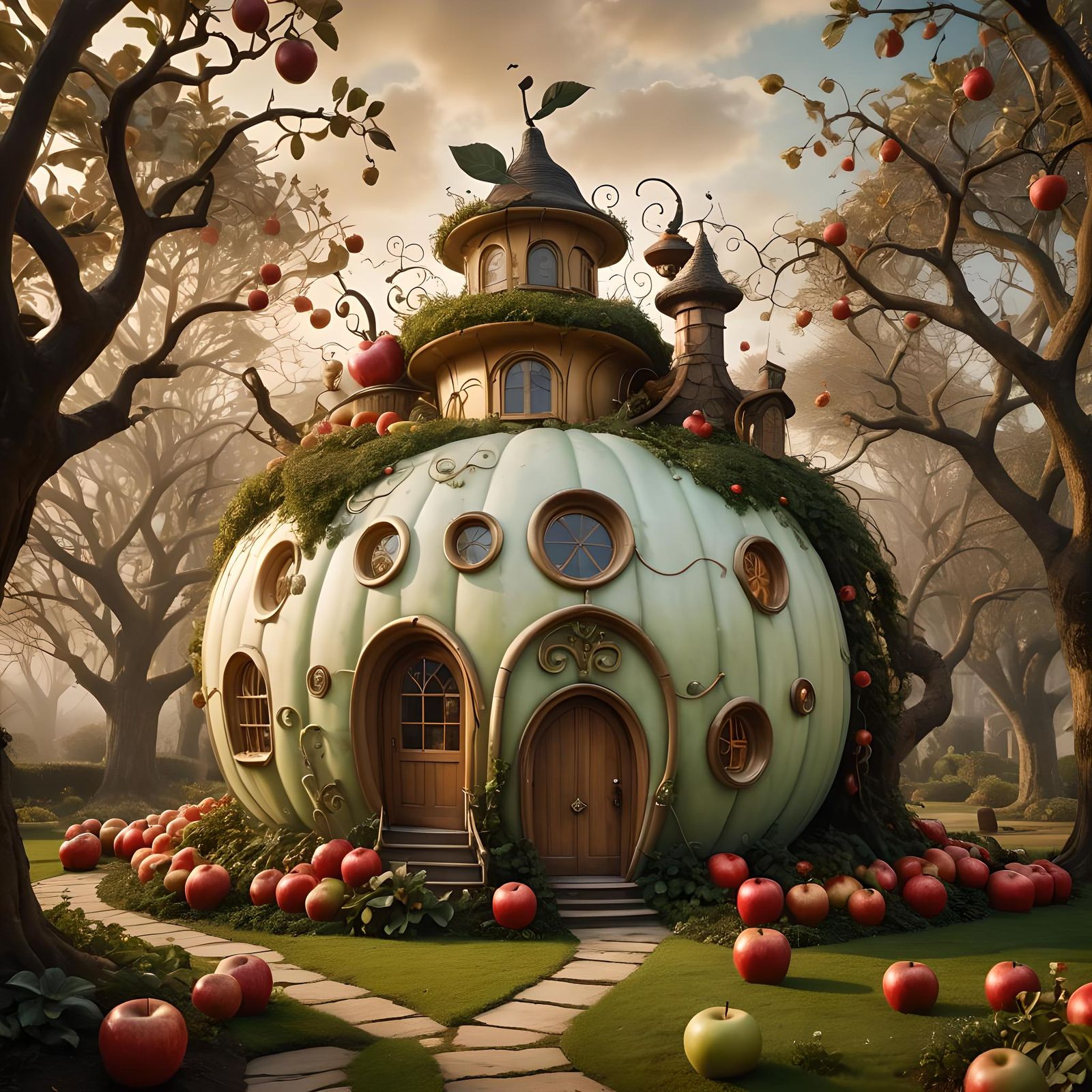 Whimsical Apple House with Old-Fashioned Worm
