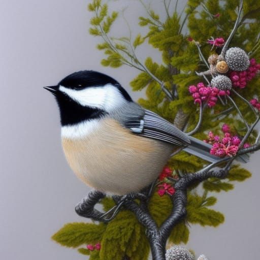 Ethereal Chickadee Bird in Floral Tree, Color Pencil Art