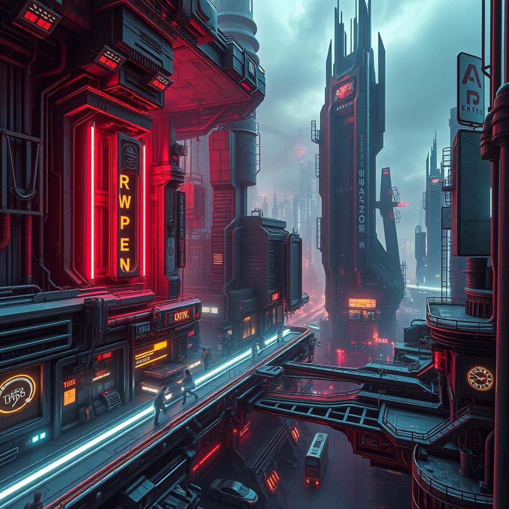 Futuristic Cityscape in Moody, Hyperrealistic Style