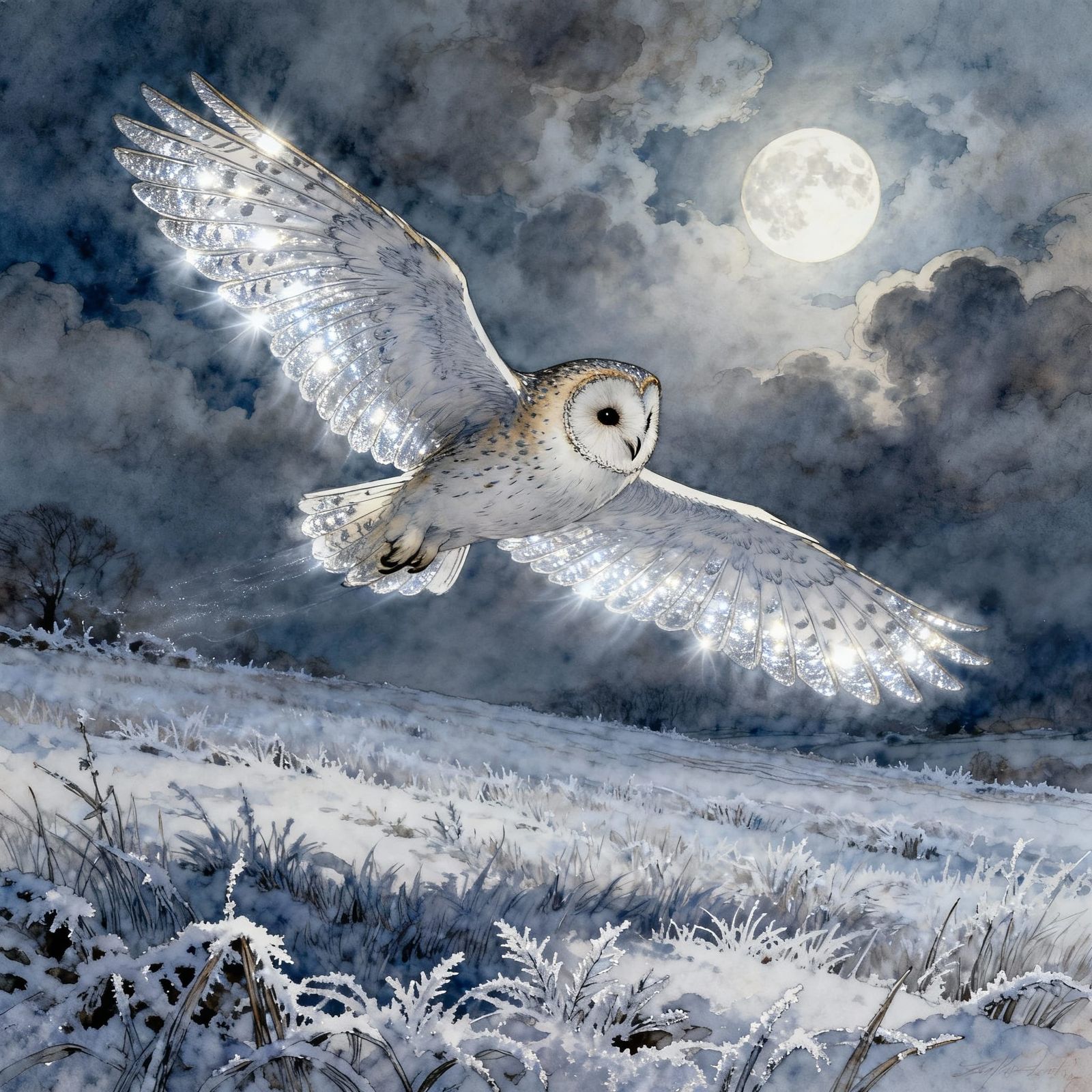 Ghostly Barn Owl Glides in Silvery Moonlight