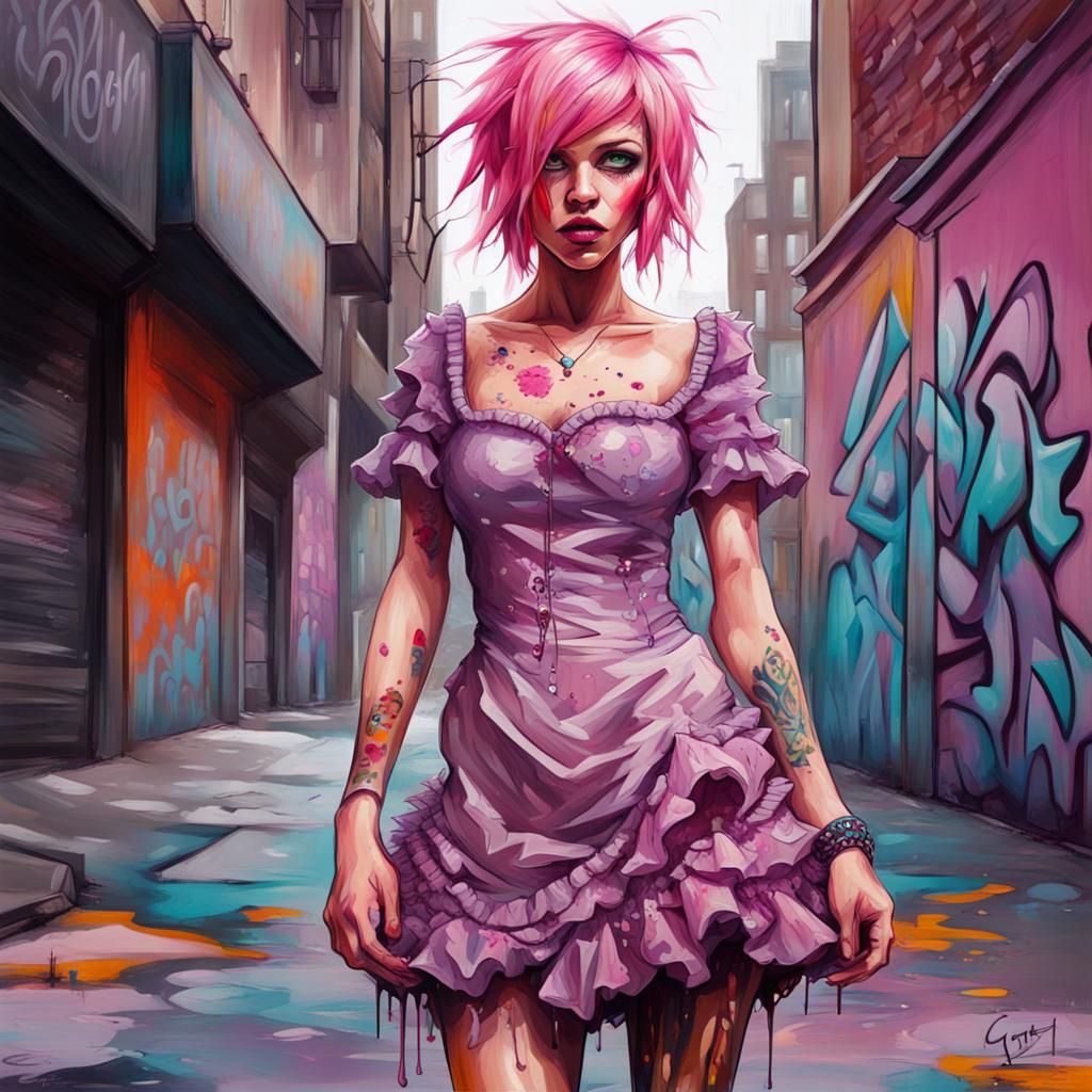 Colorful Street Art of Woman with Pink Hair