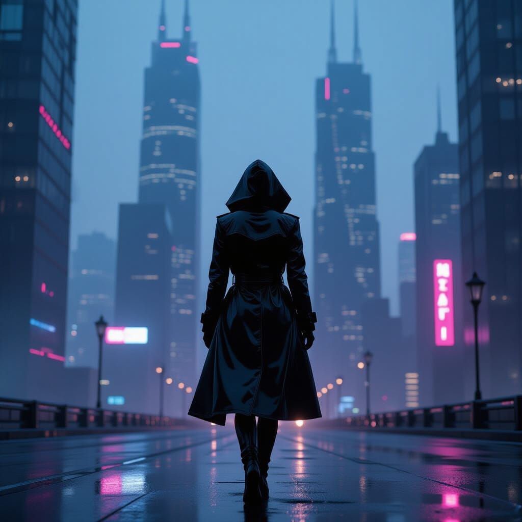 Cybernetic Woman in Neon Cityscape at Dusk