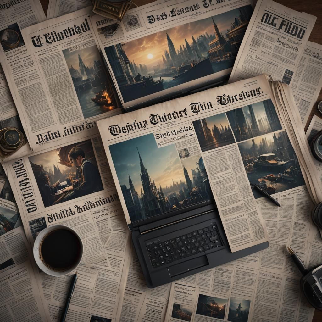 Newspaper Front Page, Matte Painting with Phone and Laptop