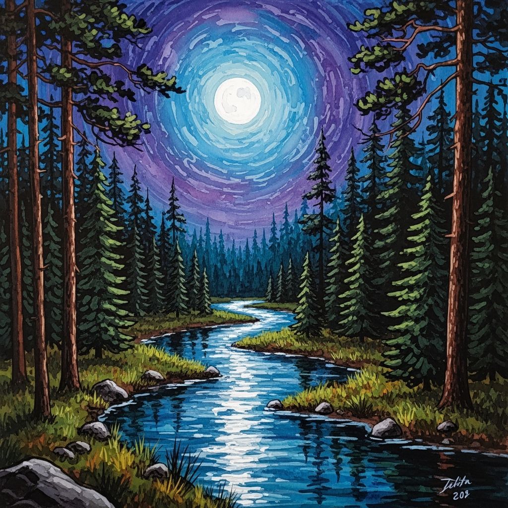 Ethereal Moonlit River Through Forest as Impasto Painting