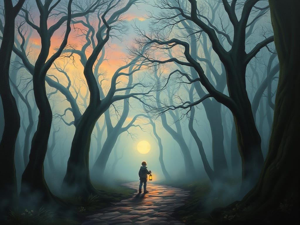 Boy with Lantern in Foggy Forest Oil Painting