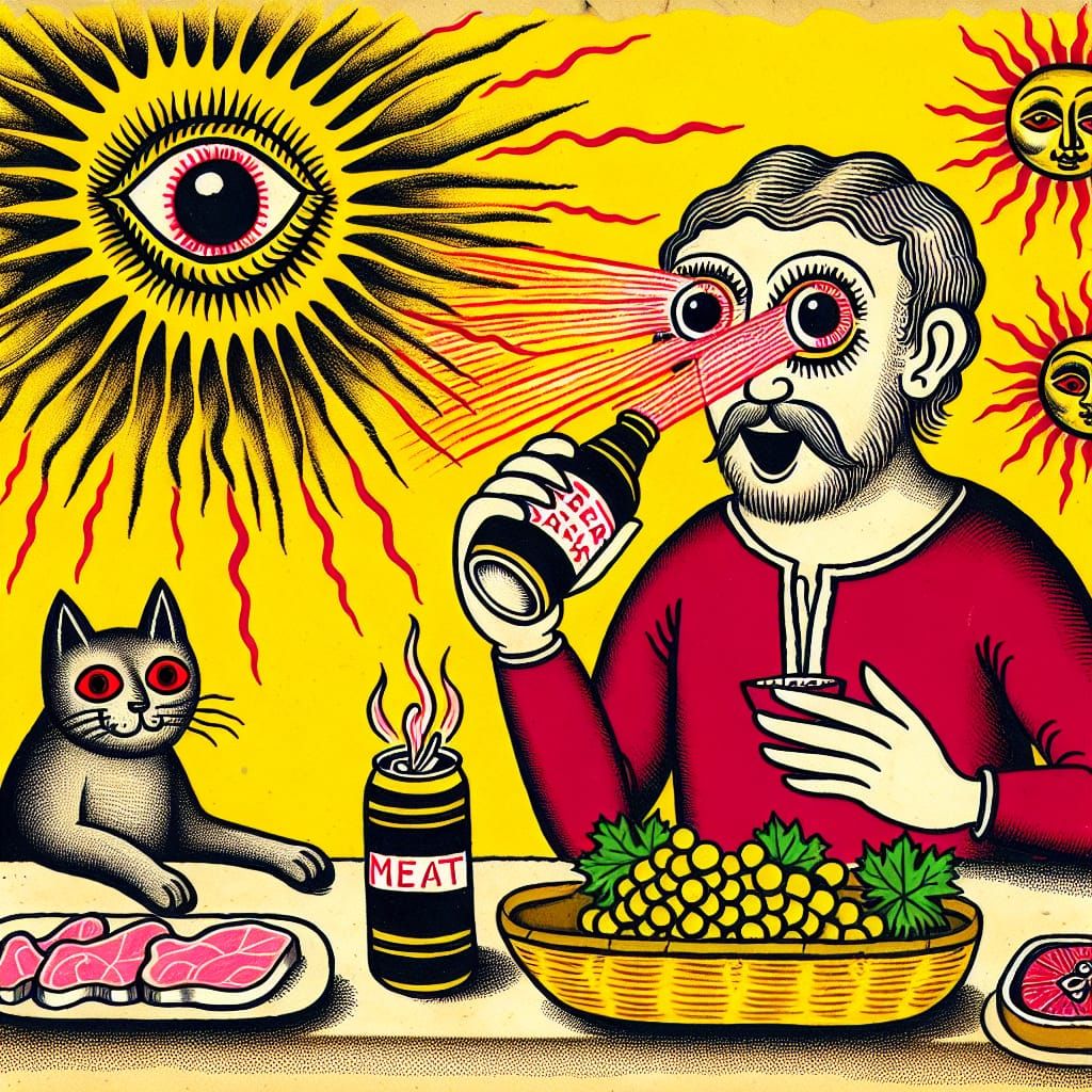 Medieval Manuscript Scene: Man, Cat, Beer, and Grapes