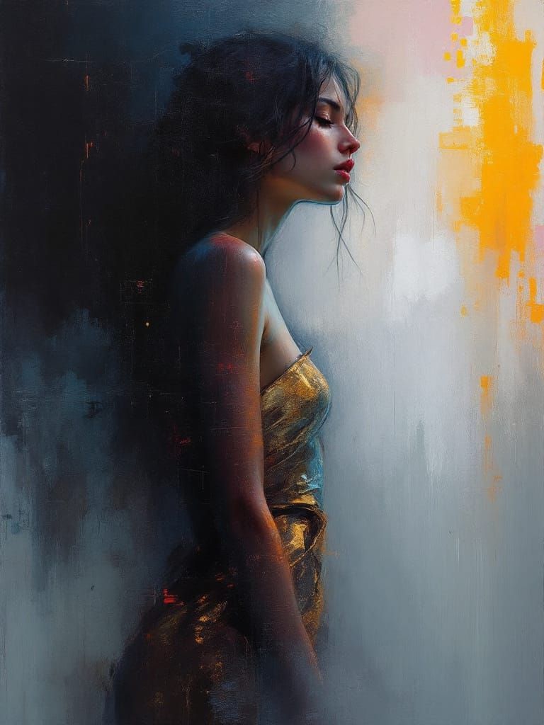 Solitude, Gold Dress, Amber Light: Atmospheric Portrait