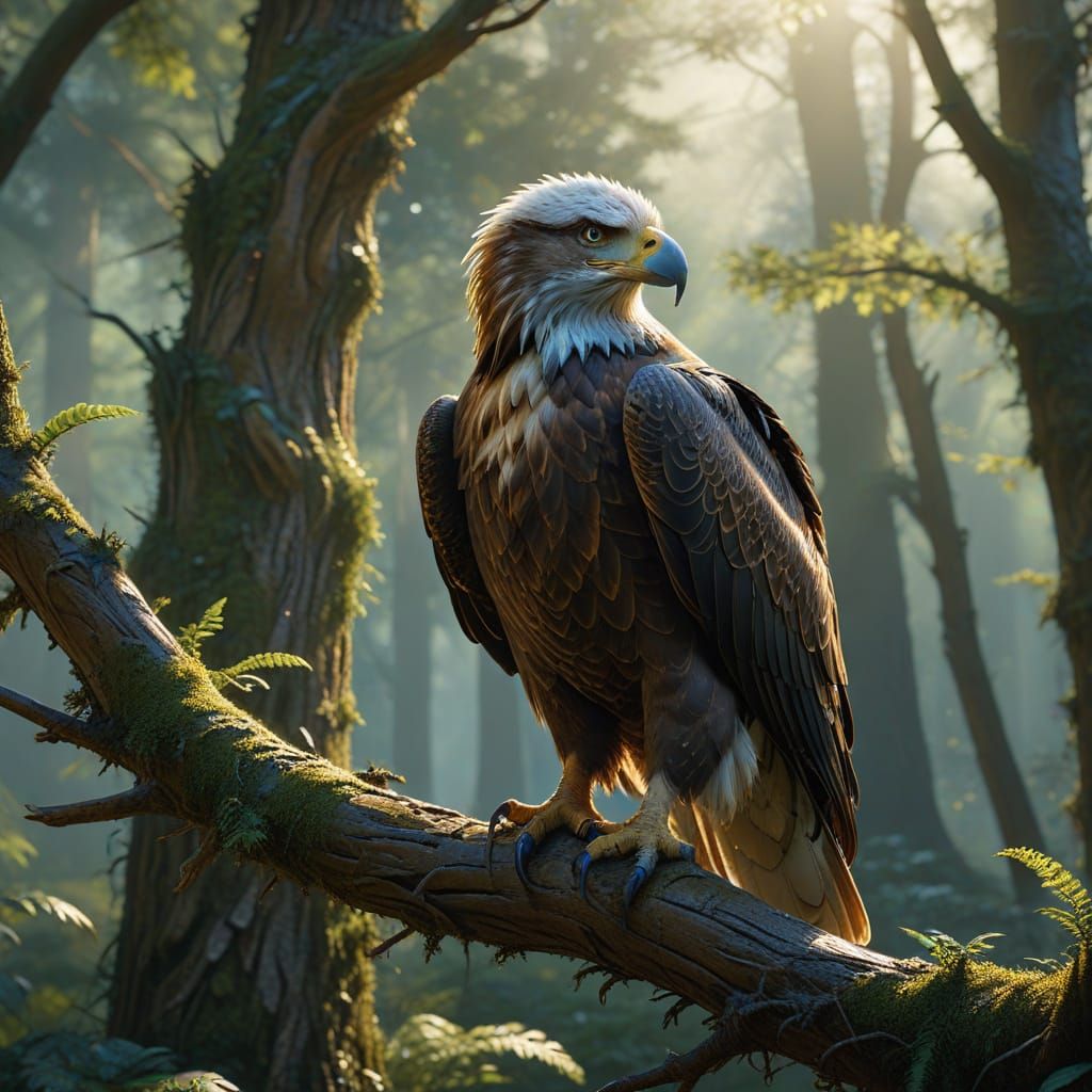 Majestic Eagle Perched in Sunlit Forest Glade