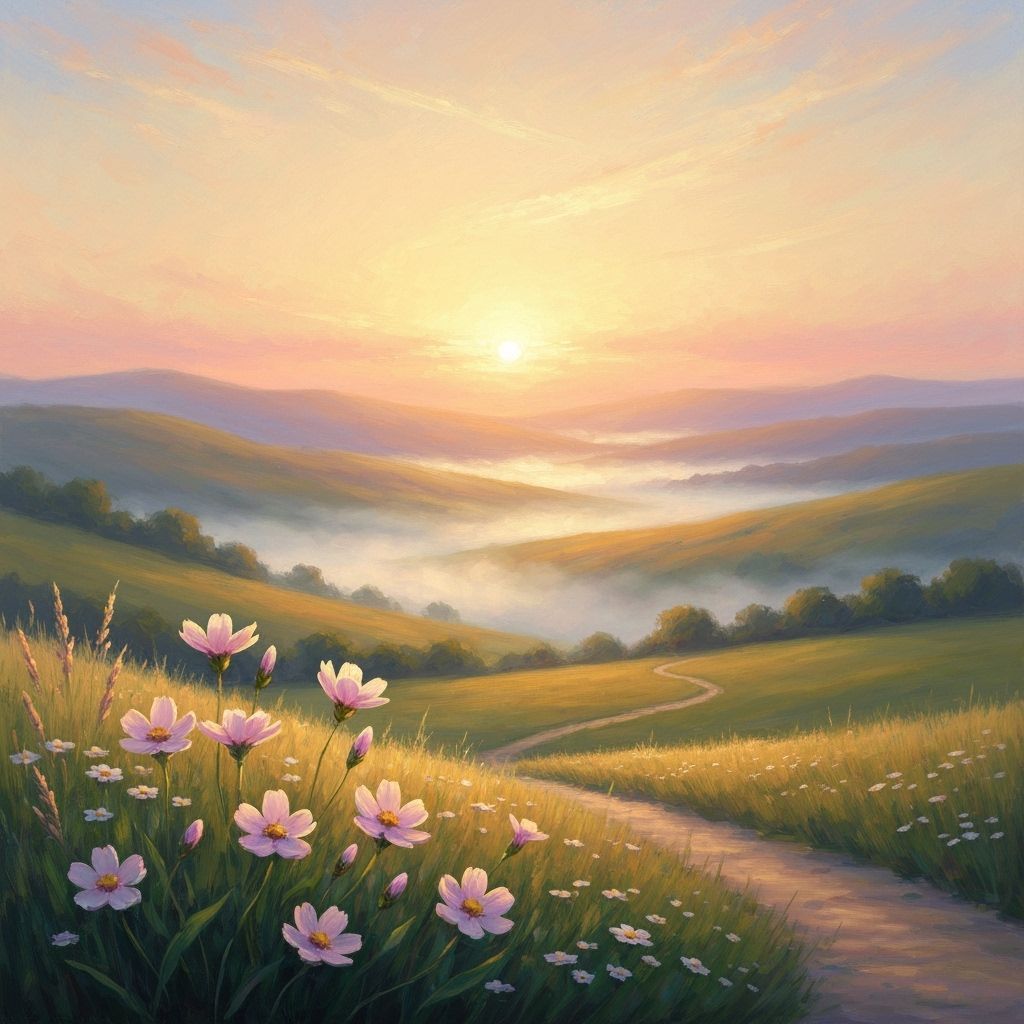 Serene Gratitude Landscape at Dawn in Impressionist Style