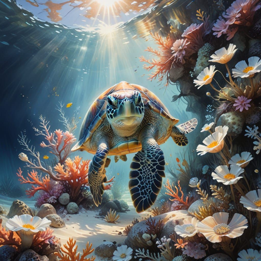 Sea Turtle Among Vibrant Coral Reef in Watercolor Style