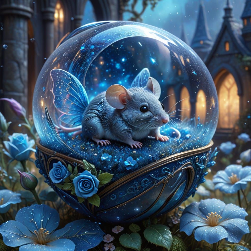 Whimsical Mouse in Giant Blue Rose with Fairy Wings
