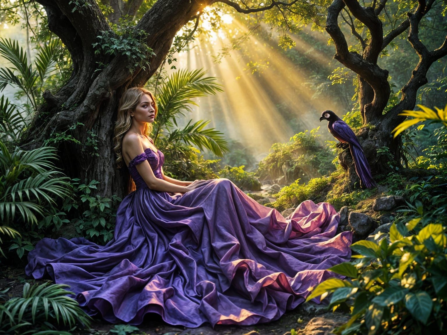 Amethyst Gown in Sunlit Rainforest
