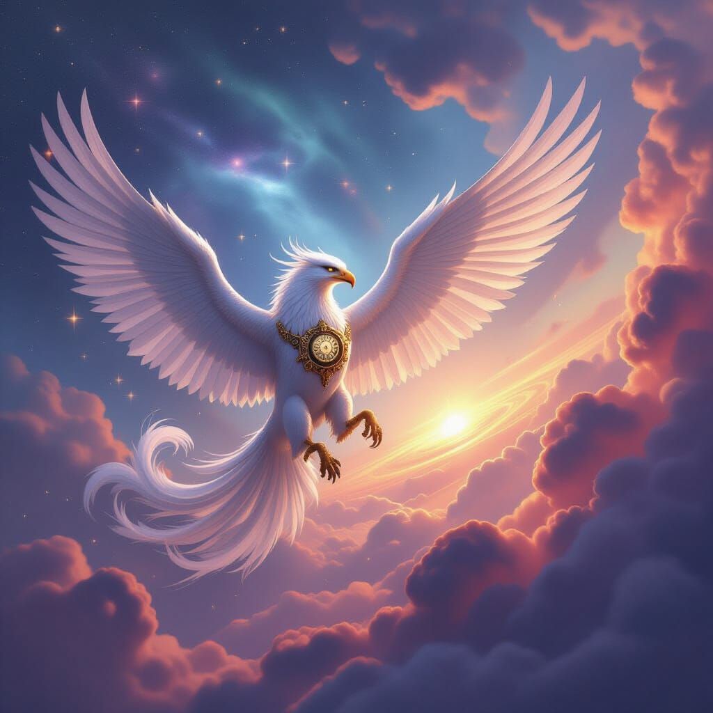Clockwork Griffin Soaring Through Nebula, Hyperrealistic Art