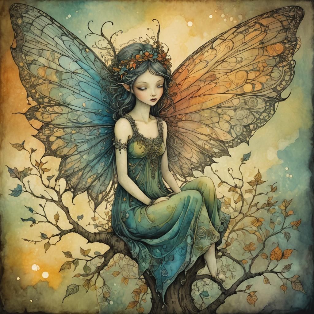 Ethereal Fairy in Tree: Antique Watercolor Mixed Media