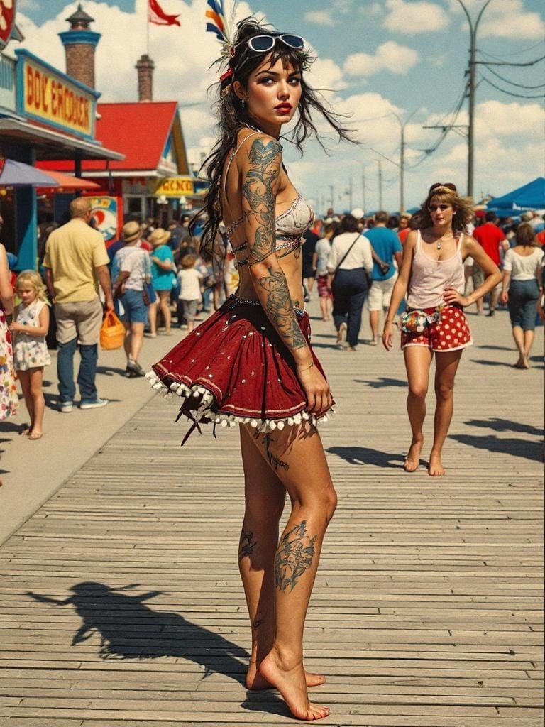 Folk Art Fusion: Woman on Boardwalk with Tattoo