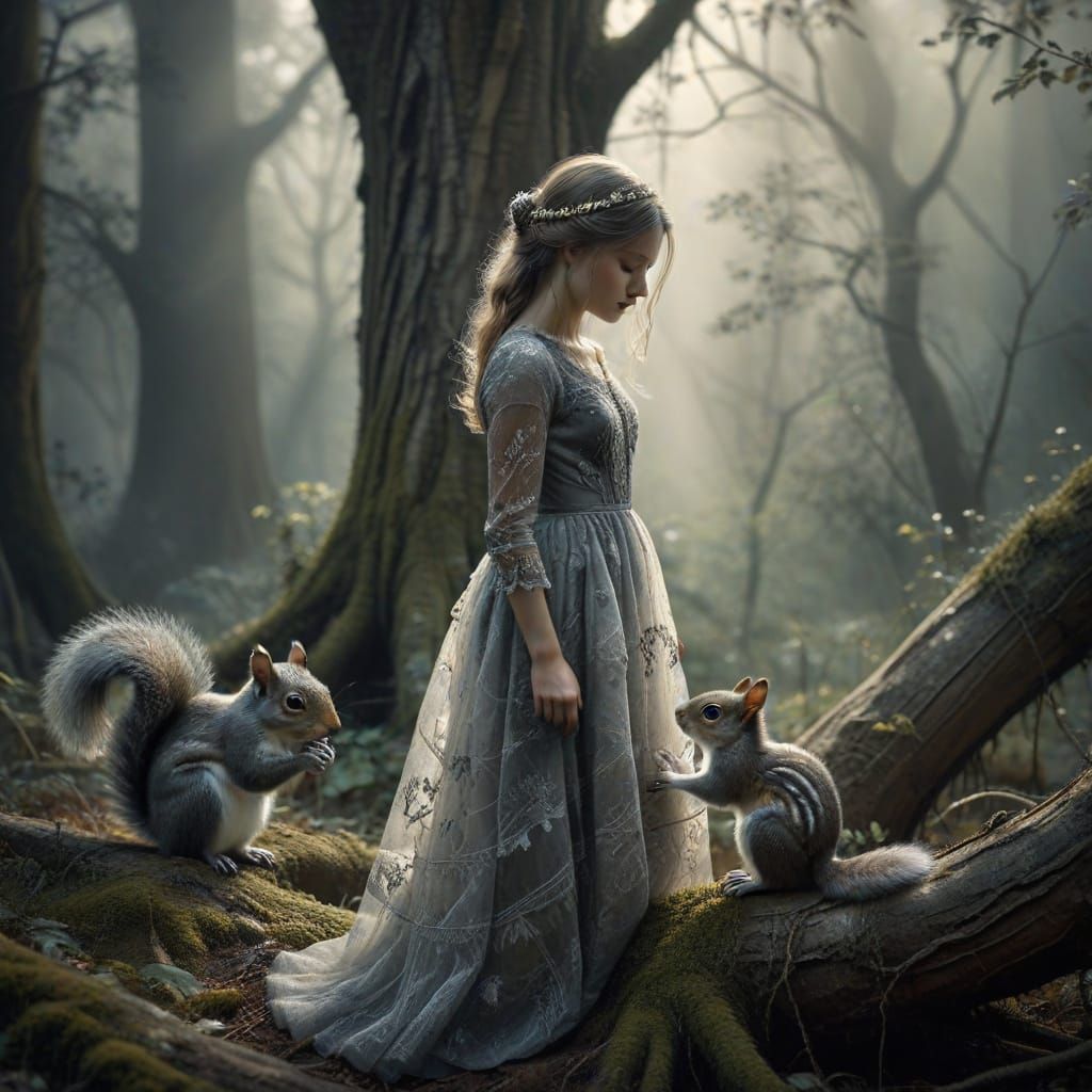 Mystical Forest Girl with Squirrel: Charcoal Drawing
