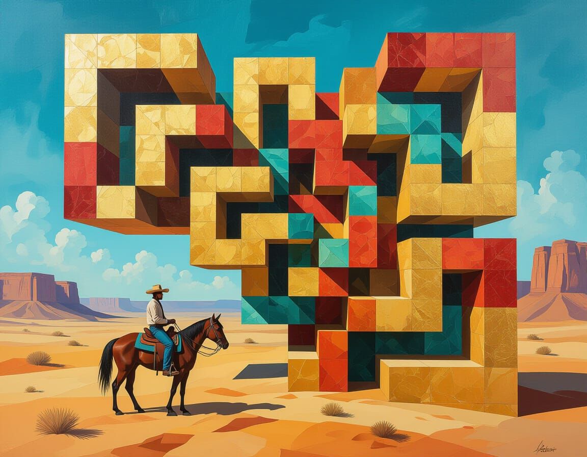 3D Maze of Cubes and Squares Oil Painting