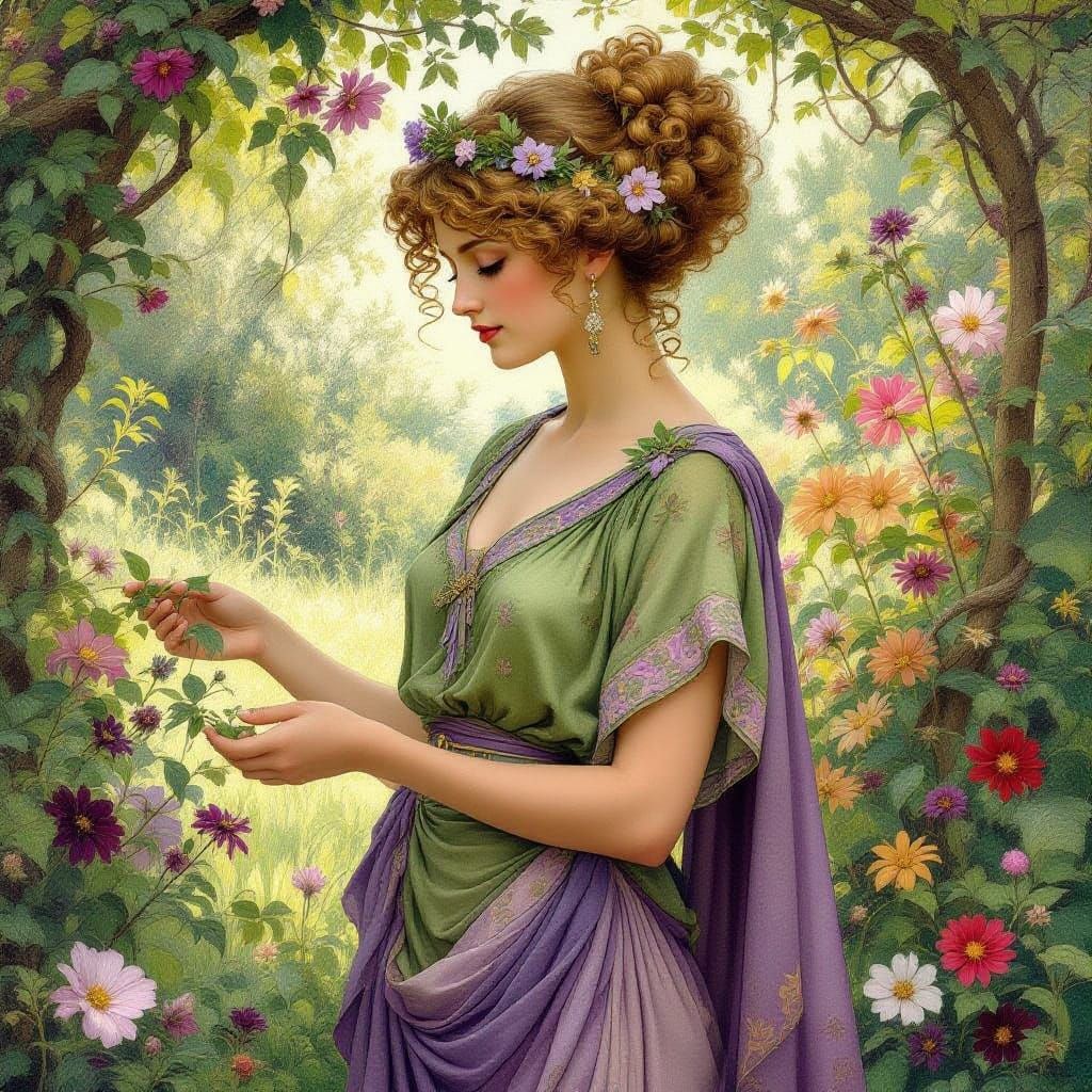 Ethereal Goddess of Gardening in a Vibrant Floral Realm