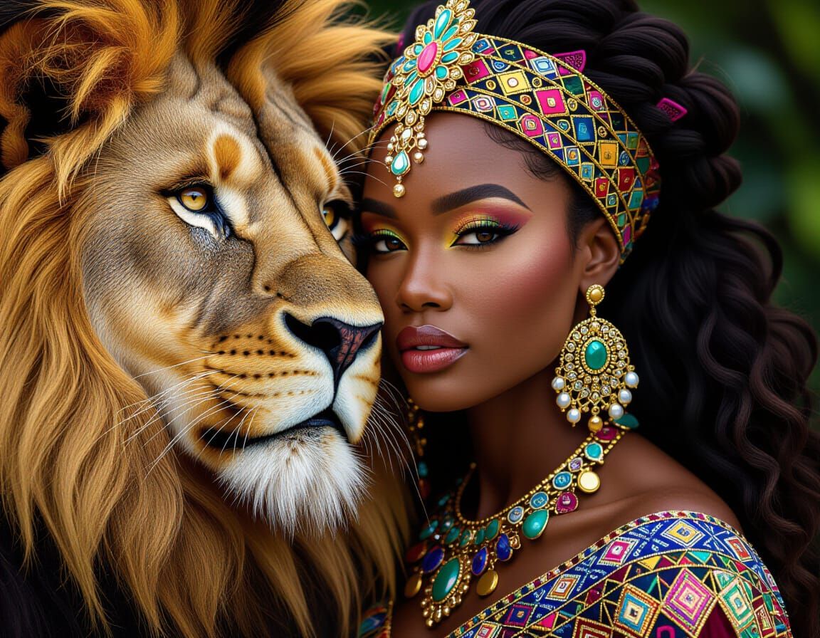 Embroidered African Princess with Majestic Lion