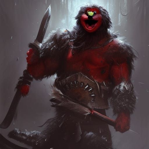 Elmo as a Berserker Barbarian in Dark Fantasy Style