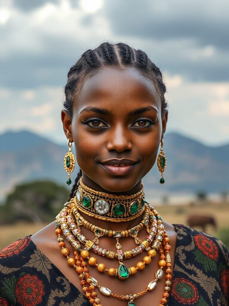 African Princess in Vibrant Tribal Attire Against Savannah B...