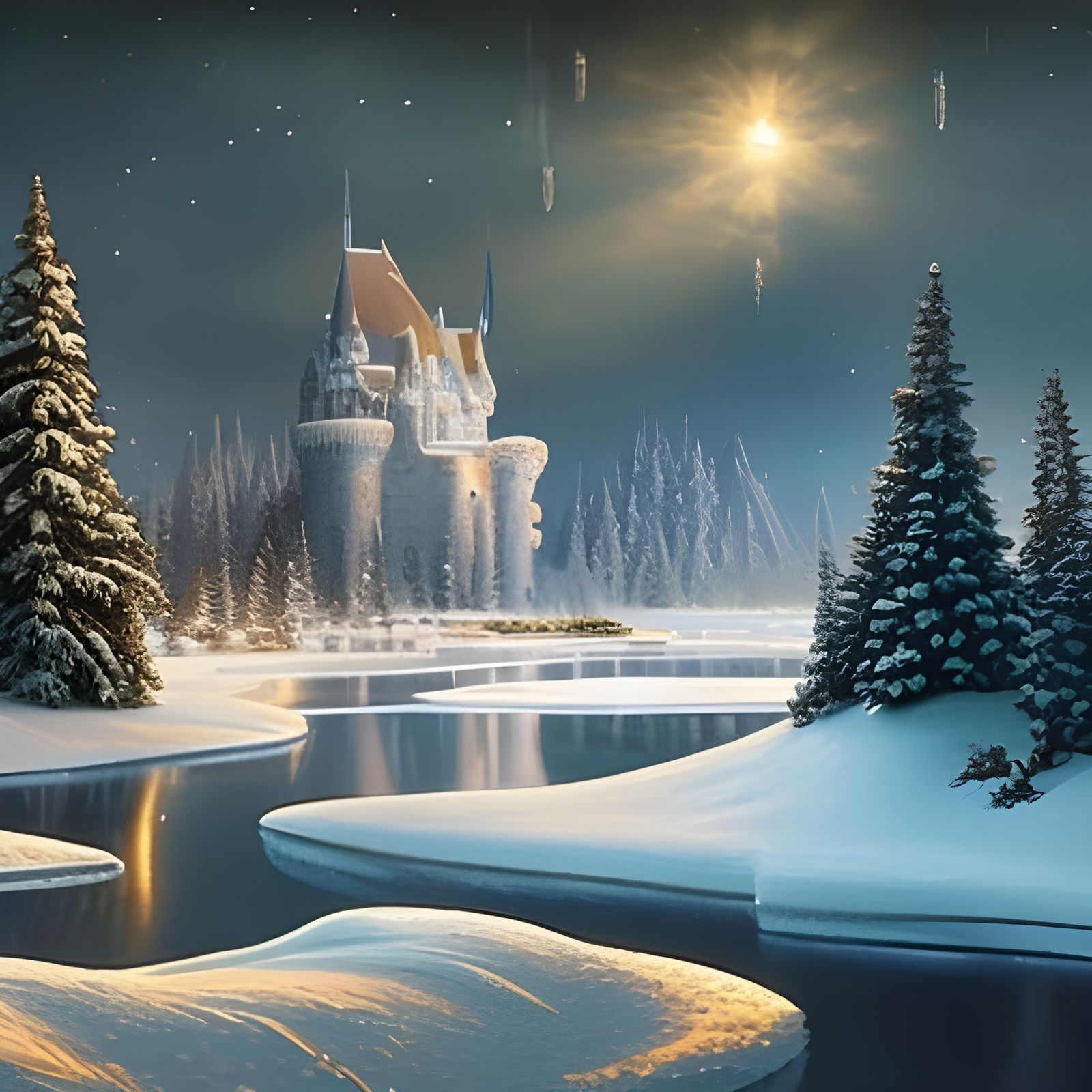 Frozen Fairytale Castle Under Starry Christmas Night