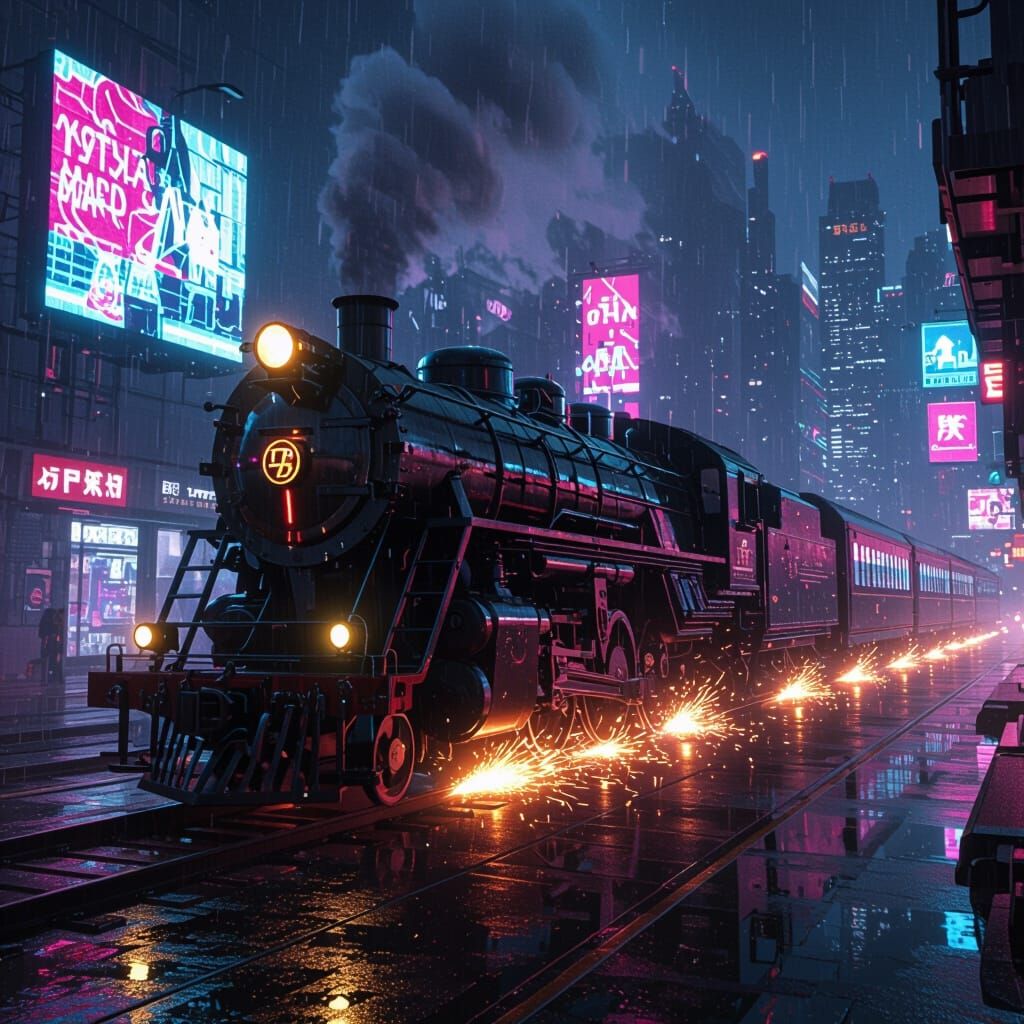 Cyberpunk Steam Train in Neon Futuristic City