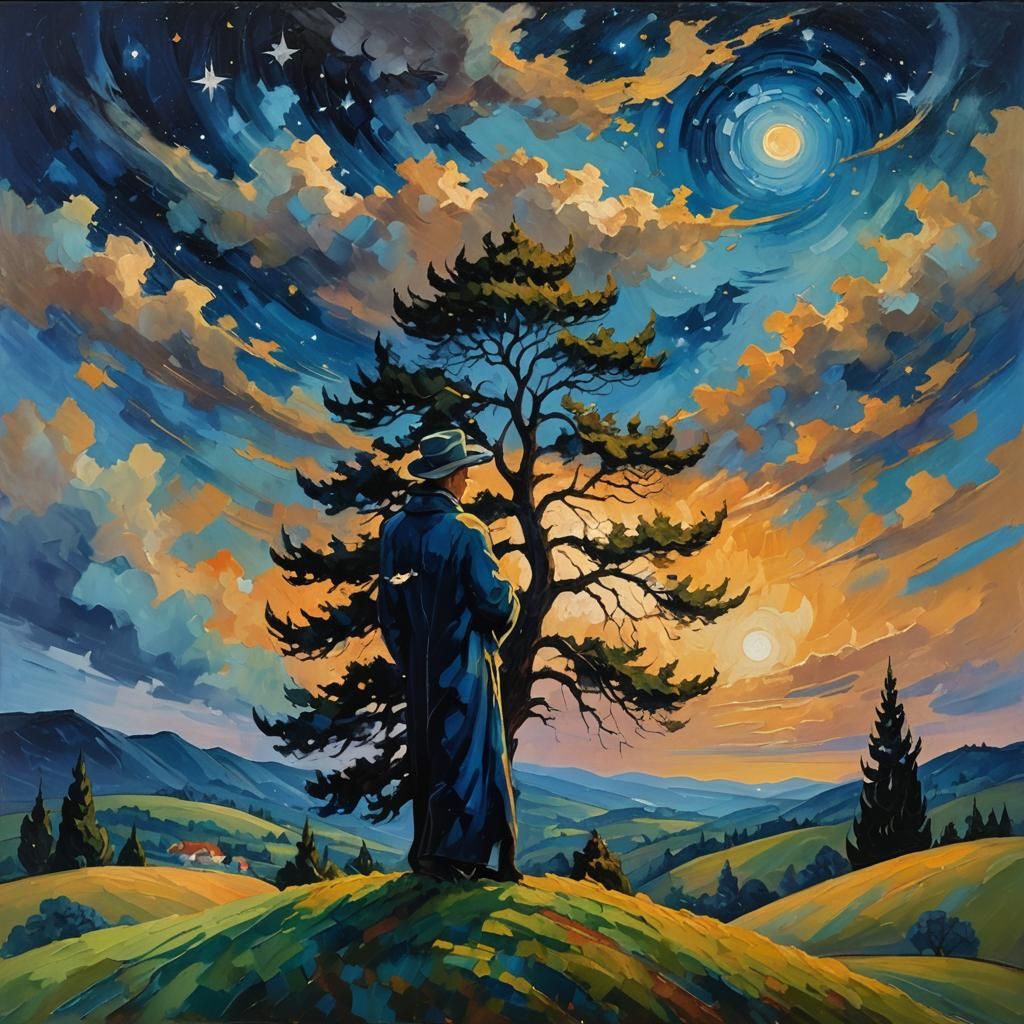 Expressionist Figure Under Starry Night Sky