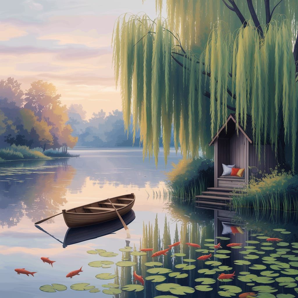 Serene Lake Reading Nook in Watercolor Style