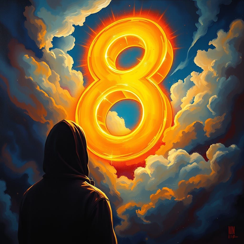 Glowing Number 8 Illuminates a Turbulent Sky in Vibrant Acry...