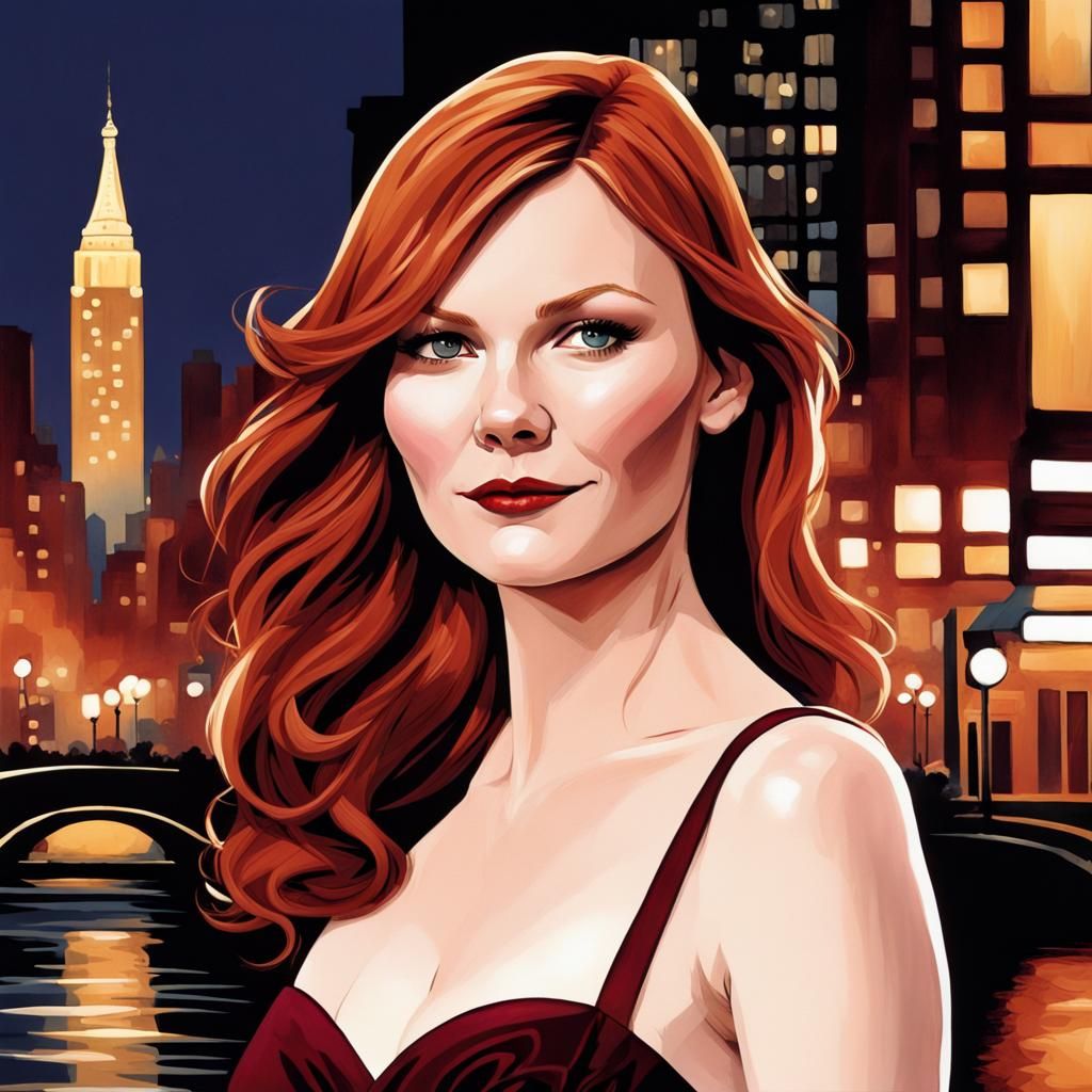 Kirsten Dunst as Mary Jane Watson is adorned in a breathtaking deep burgundy evening gown.