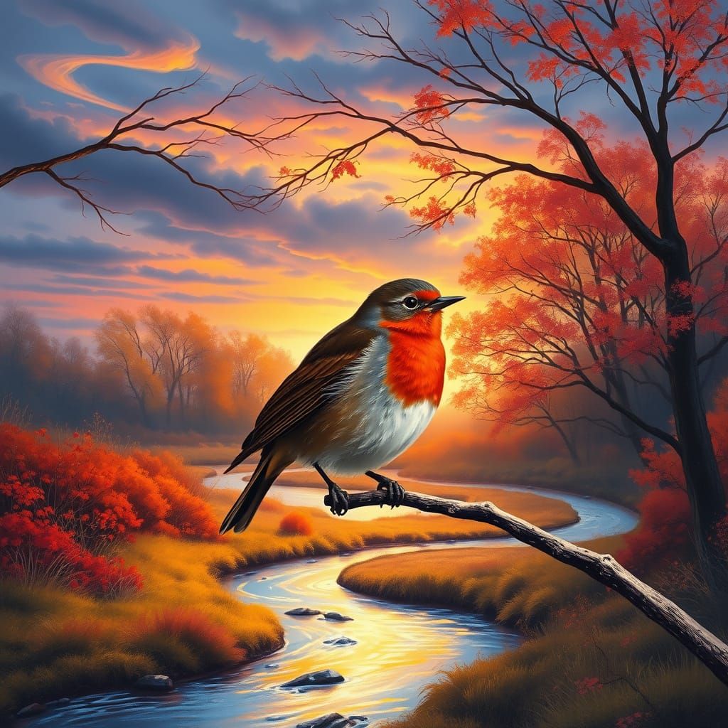 A Proud Red Robin sitting Bathed in the warm glow of a sunri...