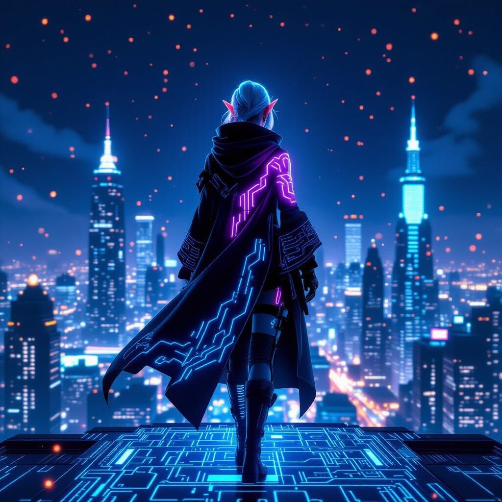 Cyberpunk Elf Hacker on Data Bridge