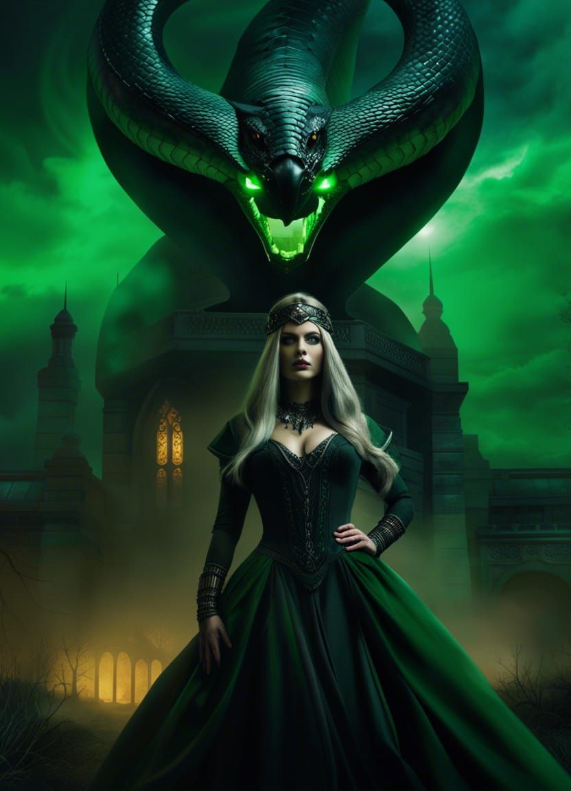 Evil witch in green and cobra