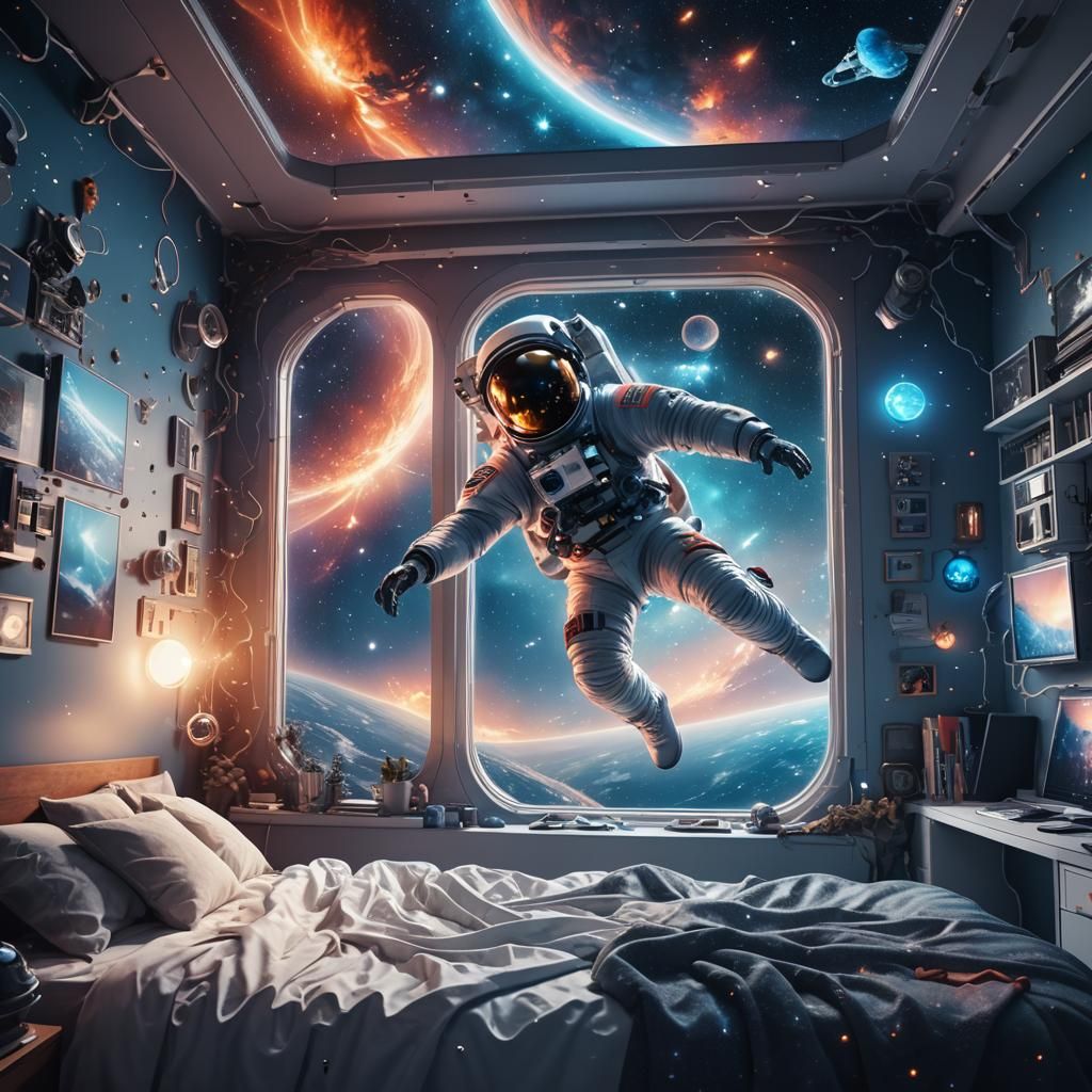 Astronaut in Futuristic Bedroom with Starry View