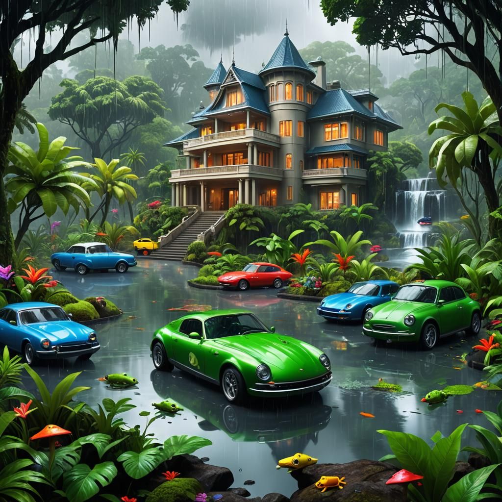 Tropical Island Rain: Futuristic Mansion and Exotic Animals