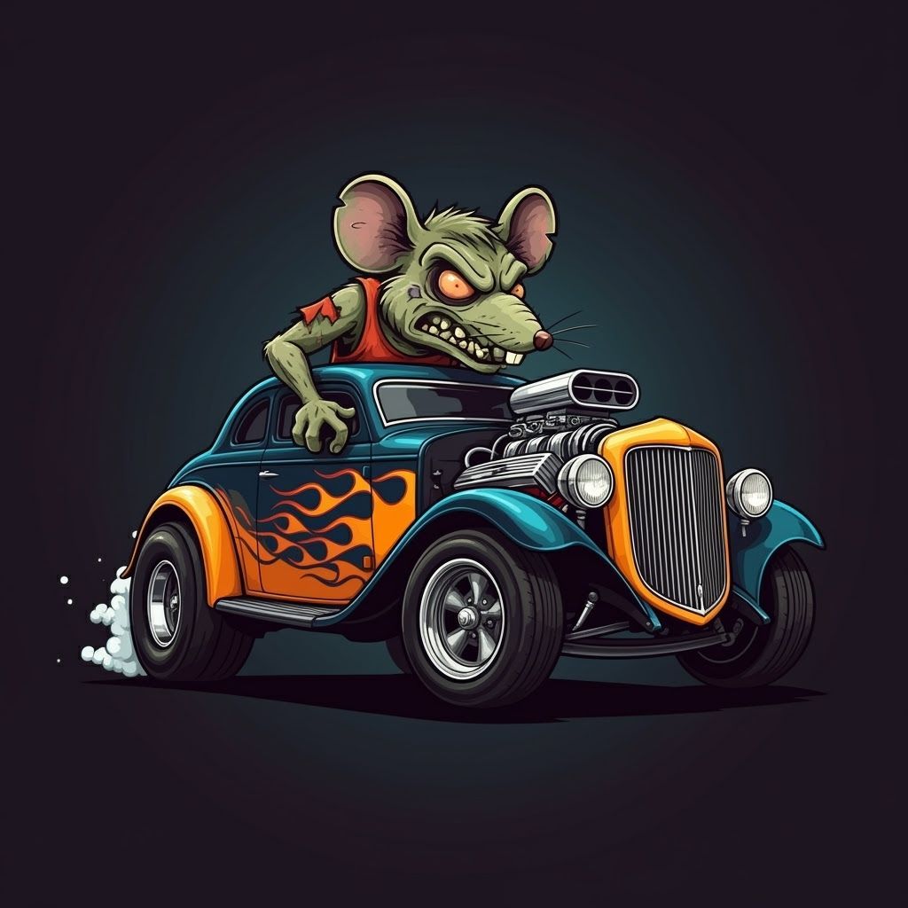 Ratfink Mouse Hotrod Doing Wheelie in Cartoon Style