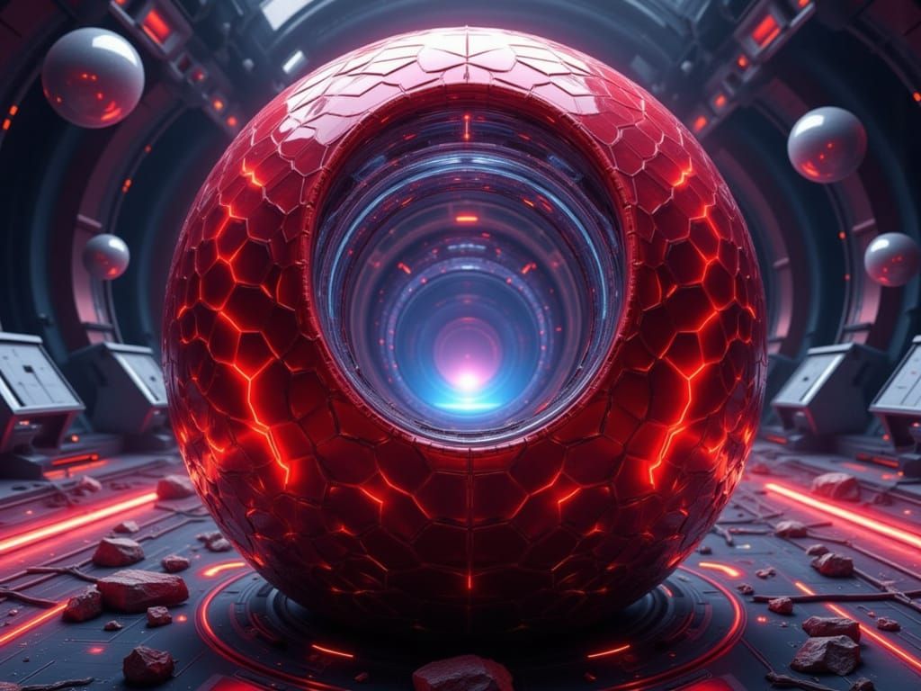 Cosmic Egg with Red Scales and Wormhole to Spaceship