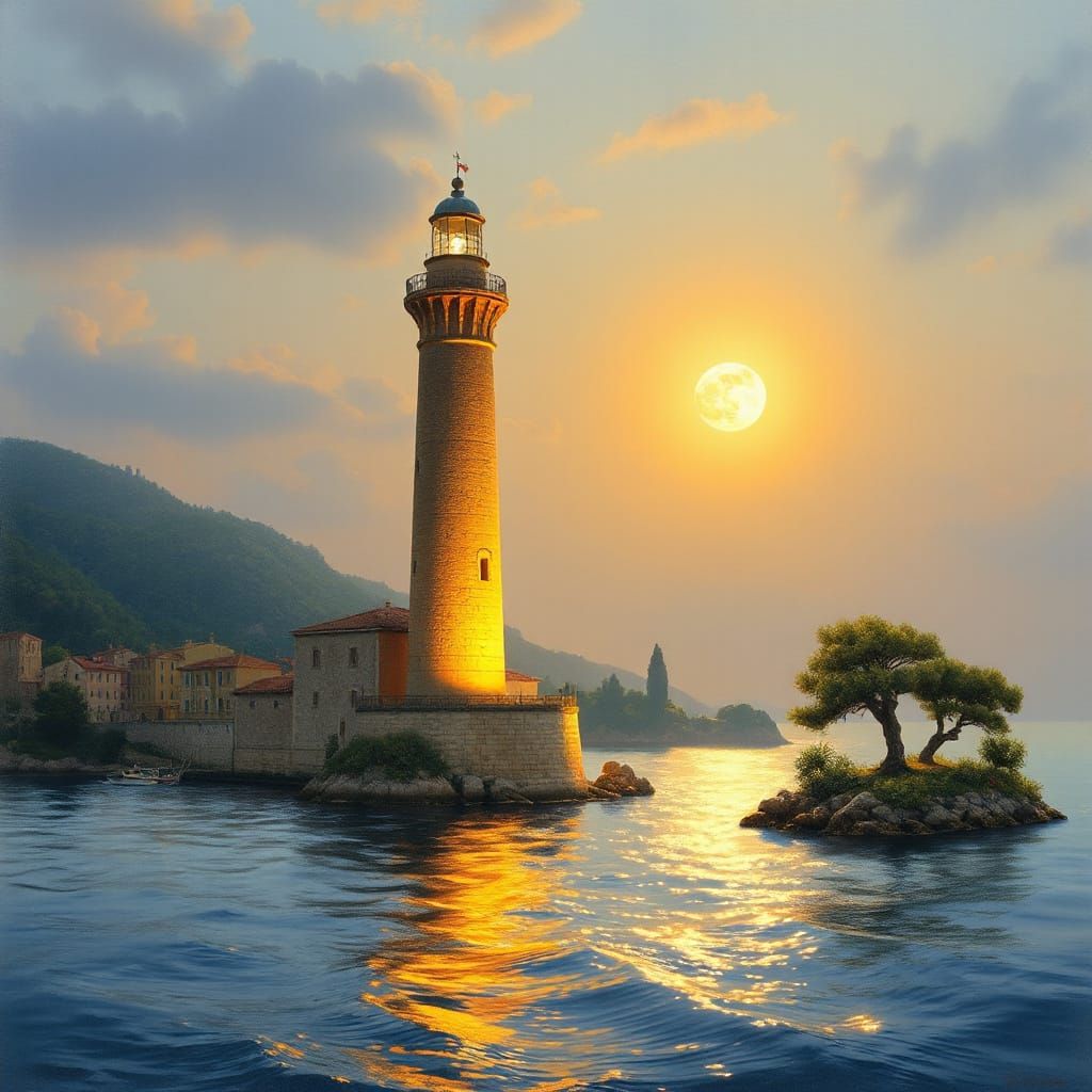 Lighthouse at Sunset with Moonrise: Impressionist Seascape